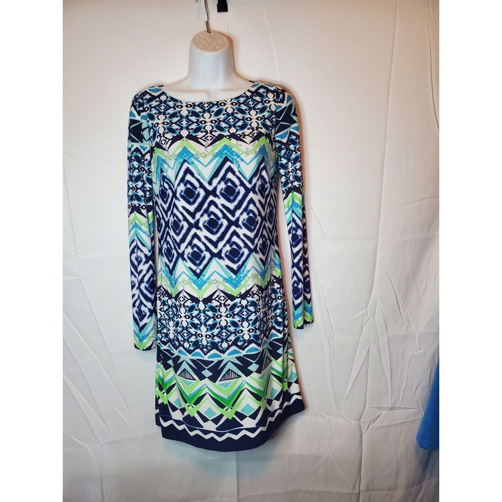 Vince Camuto Green Blue Geo Print Shift Dress Long Sleeve Lined Sz 2‎